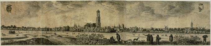 27511 Profiel van de stad Utrecht uit het noordoosten gezien. Van links naar rechts kunnen op het middenblad de ...